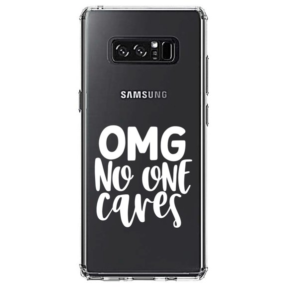 DistinctInk Clear Shockproof Hybrid Case for Samsung Galaxy Note 8 - TPU Bumper Acrylic Back Tempered Glass Screen Protector - OMG No One Cares - White