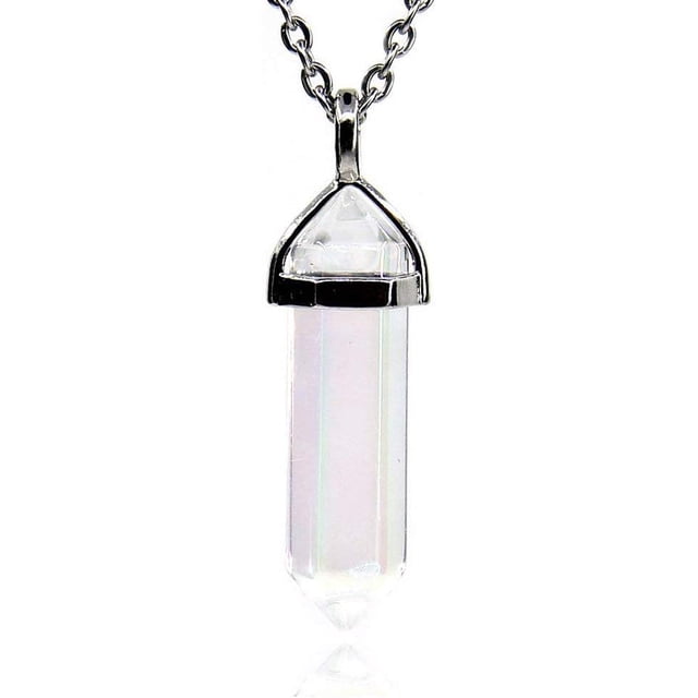 Collier Pendentif Reiki Chakra Hexagonal à Pointe Pointue en Pierre Précieuse Colorée Plaquée de Cristal Blanc 20 Pouces