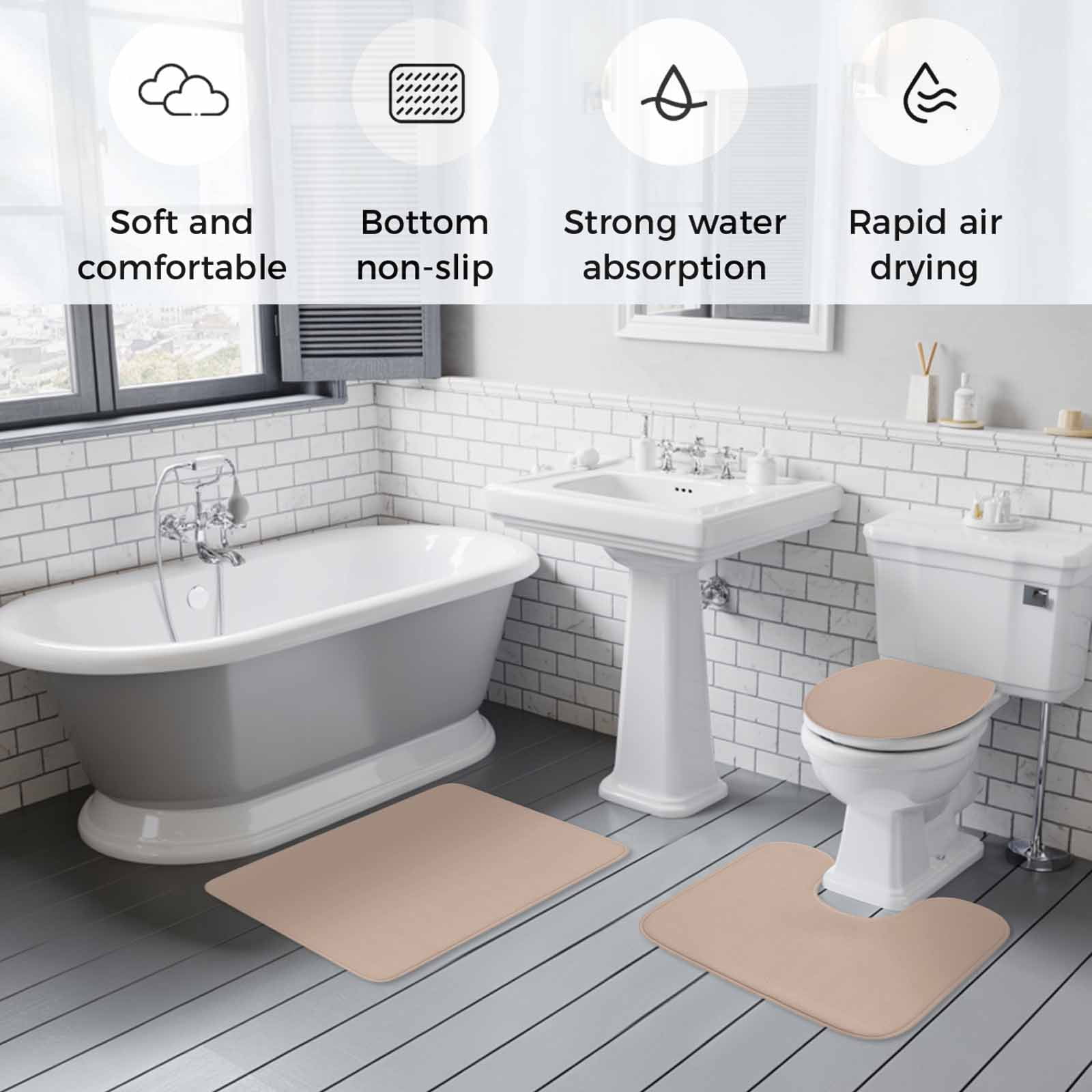 Warm Beige Bath Mat 3 Piece Bathroom Rug Set, Solid Color Farmhouse Beige Non Slip Bath Rug Contour Mat and Toilet Lid Cover, Absorbent Shower Mats Soft Bath Rugs and Mats Sets