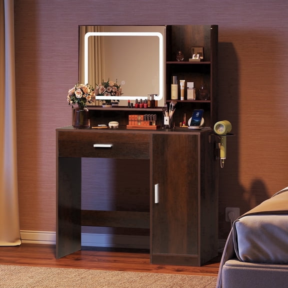 GALAXHERO Espresso Vanity Desk with Mirror and Lights, Makeup Tables with Drawer, Cabinet and Storage Shelves,Girls Dressing Table with Charging Station