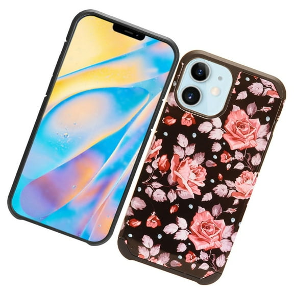 Apple iPhone 12 Mini /5.4" Protective Tuff Hybrid Drop Protection Shockproof Armor Dual Layer Frame Heavy Duty Rubber Rugged TPU Hard Pink Roses Phone Cover forApple iPhone 12 Mini
