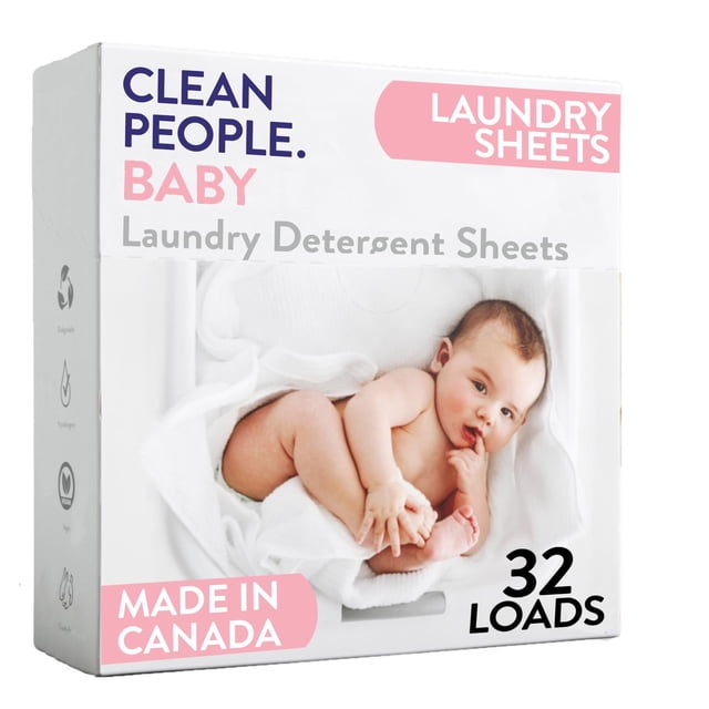 Clean People Concentrated Laundry Detergent Sheets- Plastic Free, Natural Plant-Based Ingredients, Recyclable Packaging, Stain Fighting, Works with All Machines including HE, Baby (Unscented), 32