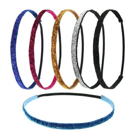 6 PCs Stretch Headbands with Glitter Fabric for Girls and Women - Sparkly Headband Set with Elastic Cord and Velvet Lining - Thin No Slip Headwrap - Fashion Hair Accessories - Cute Party Favors (10MM)