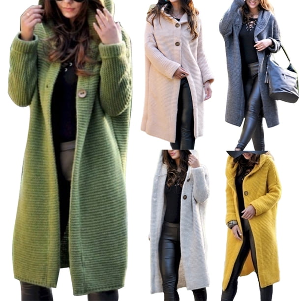 Farfi Mujeres Otoño Invierno Color Sólido Botón Cardigan Suéter MIDI Abrigo con capucha Abrigo Outwear Rosa Farfi Chaqueta de punto