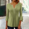 thumbnail image 2 of QATAINLAV Blouses for Women Dressy Casual 3/4 Bell Sleeve Tops Loose Fit Button V Neck Henley Shirts Solid Color Pleated Tunic Shirts Mint Green S, 2 of 6