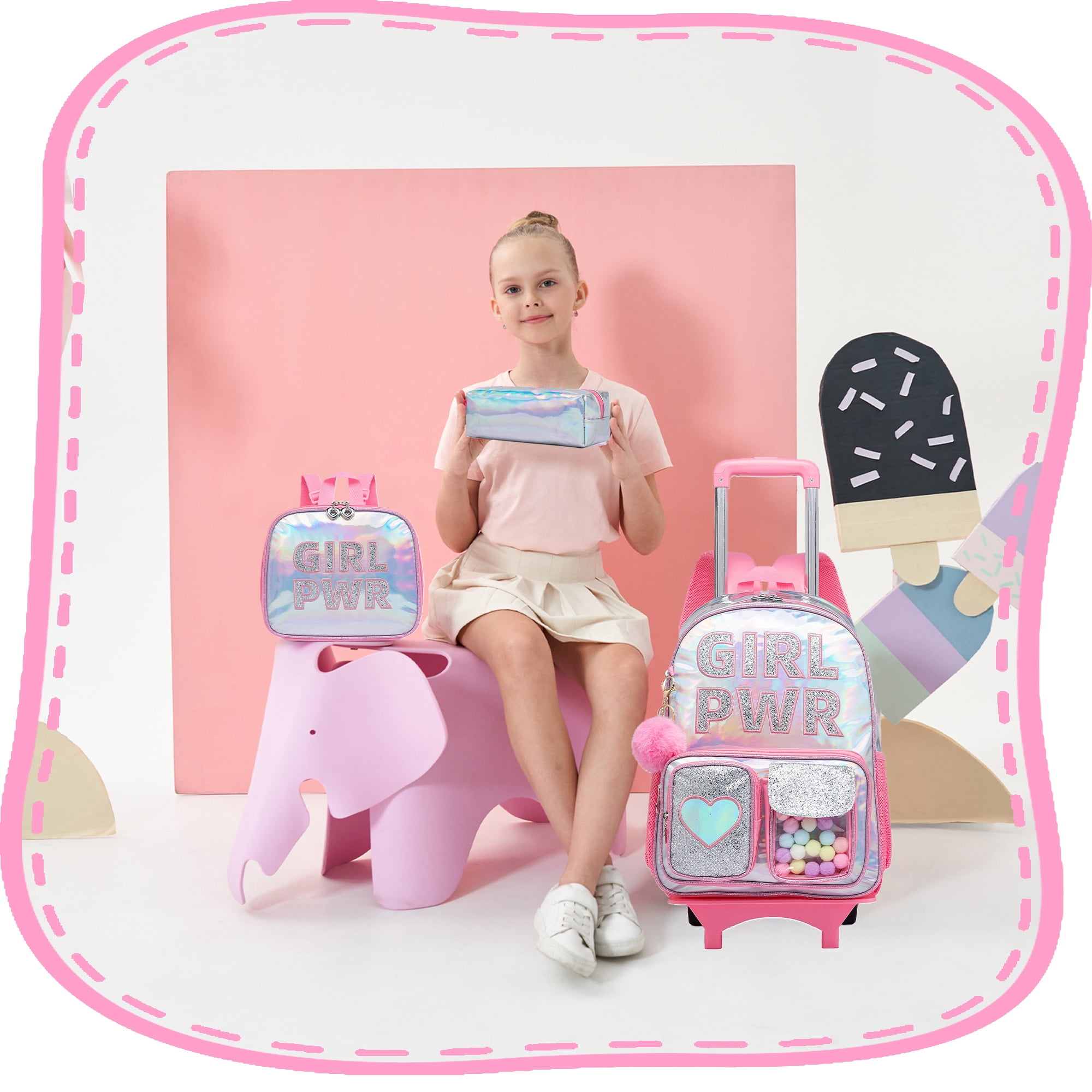 Sequin Kids Rolling Backpack with Wheels Roller School Girls Bookbag with Lunch Box Carry on Suitcase for Ages 6-12