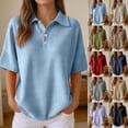 thumbnail image 5 of YaEYa Henley Tops for Women Waffle Knit Solid Color V Neck Short Sleeve Polo Shirts Basic Lapel Collared Summer Top (Beige,S), 5 of 5