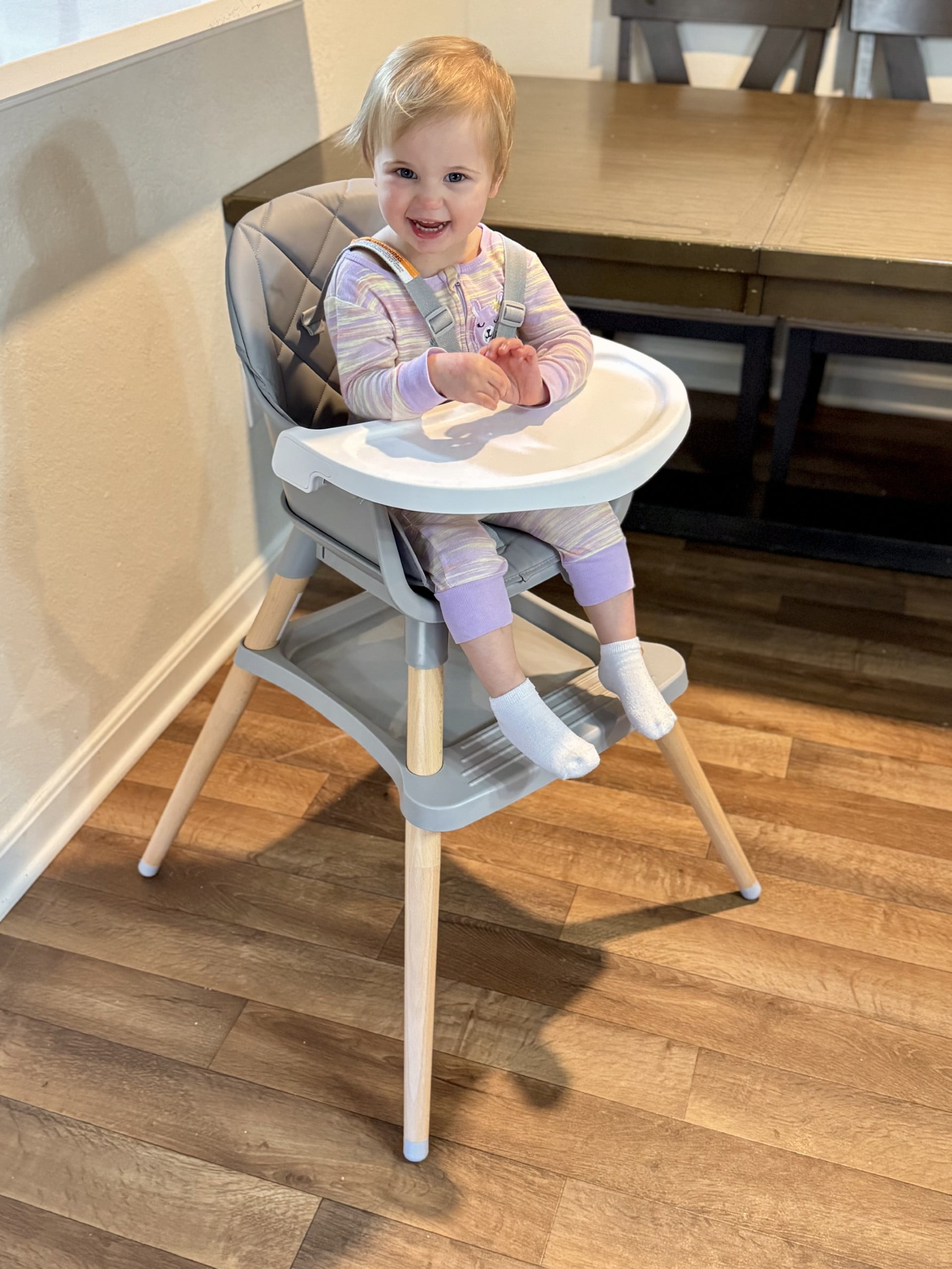 LINLUX Wood Baby High Chair, 7 in 1 Convertible Highchair, Infant Feeding Chair, Toddler Chair Gray