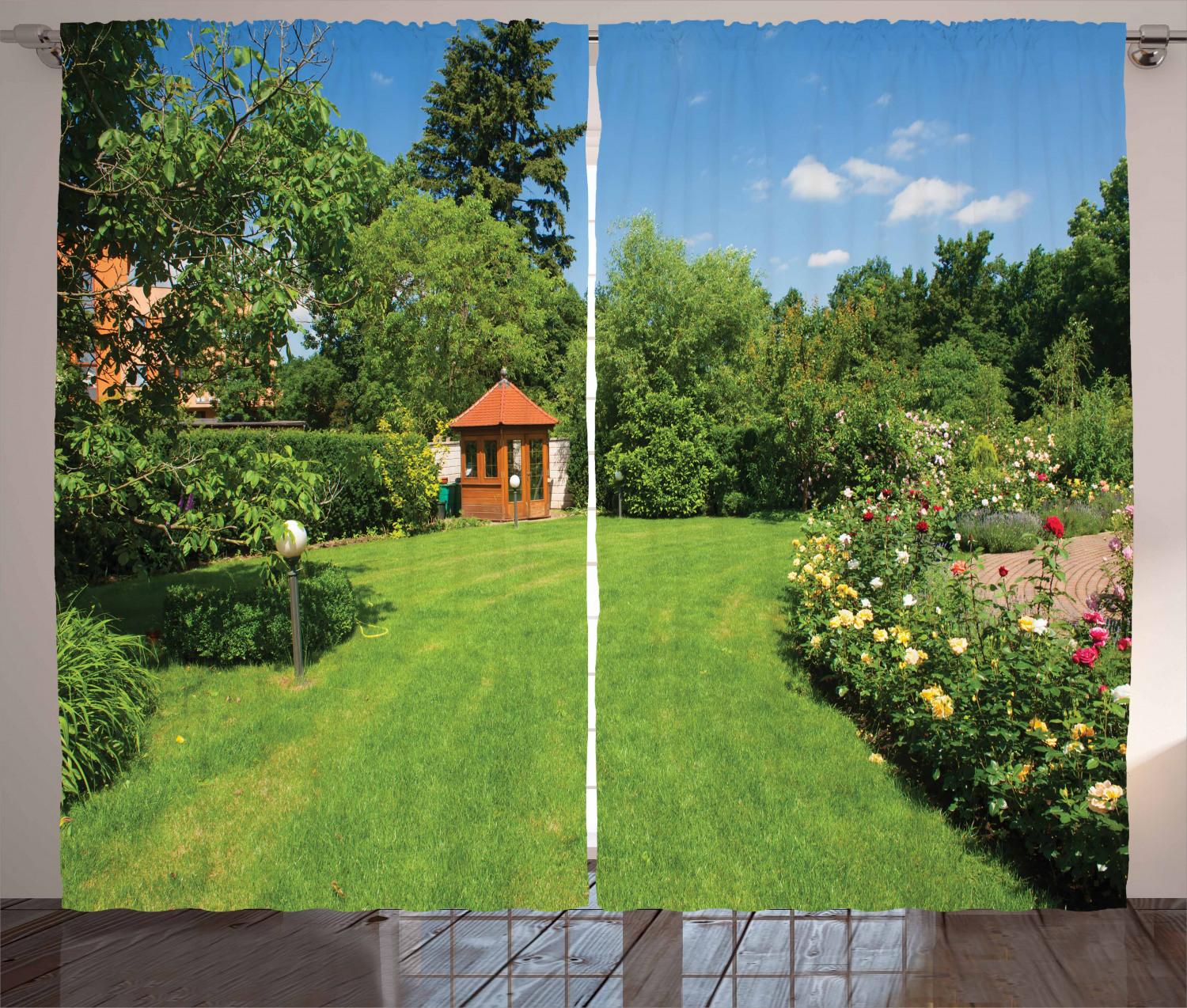 Garden Curtains 2 Panels Set, Peaceful Countryside Landscape with