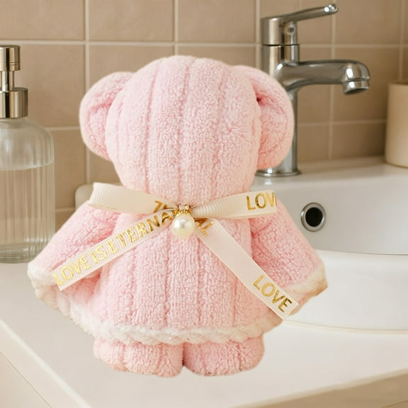 CuiLiyq Christmas Bear Shape Towel, Bear Bath Towel Gift Soft Coral Fleece Hand Towels, Plush Quick Drying Towels, for Wedding Shower Birthday Souvenir (Pink)