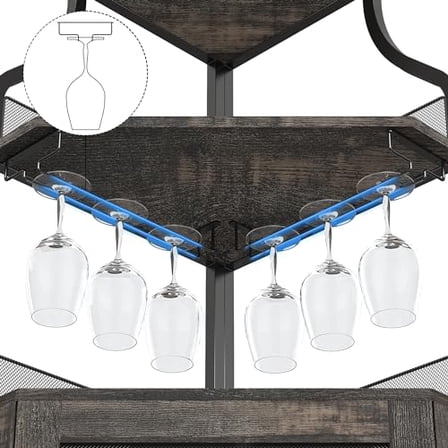 Corner Wine Bar Rack Cabinet, L-Shape, Brown, 18.5"W x 17.7"D x 61"H, Rustic Style, Living Room Wine Cabinet with Detachable Rack and Mesh Door