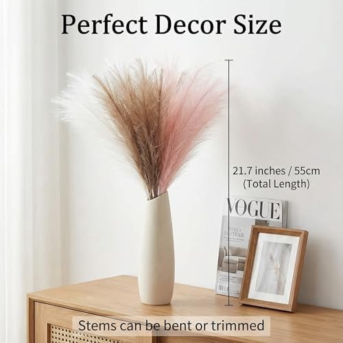 Pampas Grass Decor 30pcs 21.7 Inch, Faux Pampas Grass White Pink Brown Artificial Dried Flowers Fluffy No Shedding for Boho Wedding Home Bedroom Vase Filler