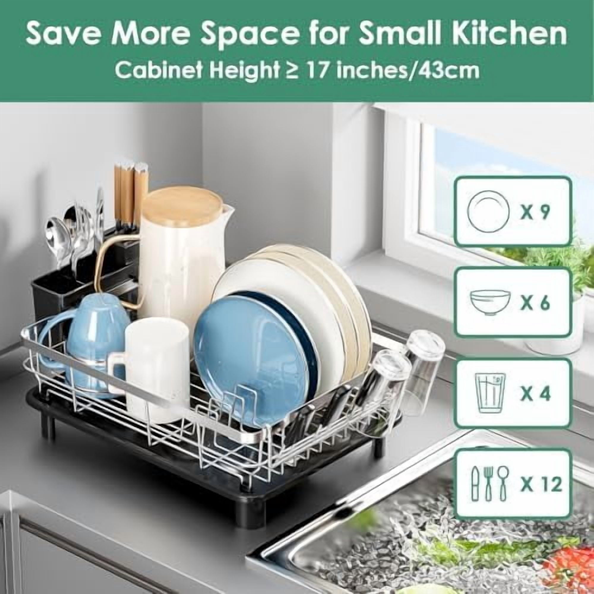 Dish Drying Rack, Dish Rack, Stainless Steel Dish Racks for Kitchen Counter, Dish Drainer with Removable Utensil Holder, Drainboard (Black,Stainless Steel,13''W x 17''L)
