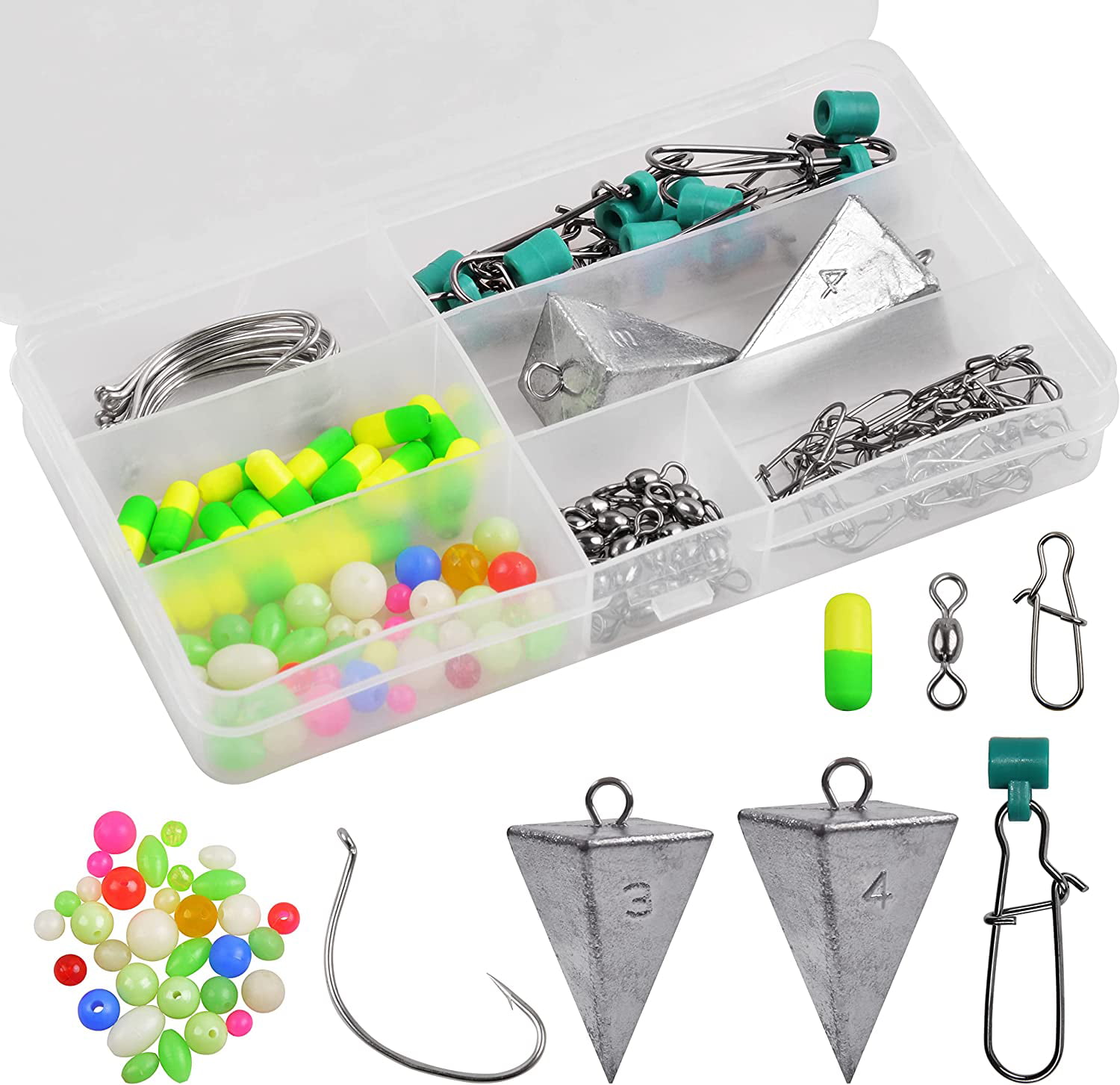 Surf Fishing Rig Making Kit, 132Pcs Saltwater Terminal Tackle Assortment  for Pompano Rig Lure Making Supplies Snell Floats Wide Gap Hooks Pyramid  weights Swivels 