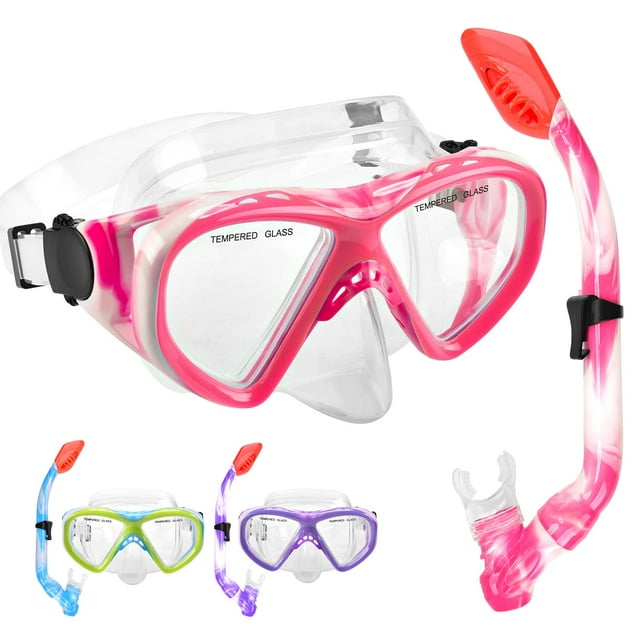 Set de Snorkel ACQCES para Niños con Válvula Secadora, Máscara Rosada, de 5 a 15 Años