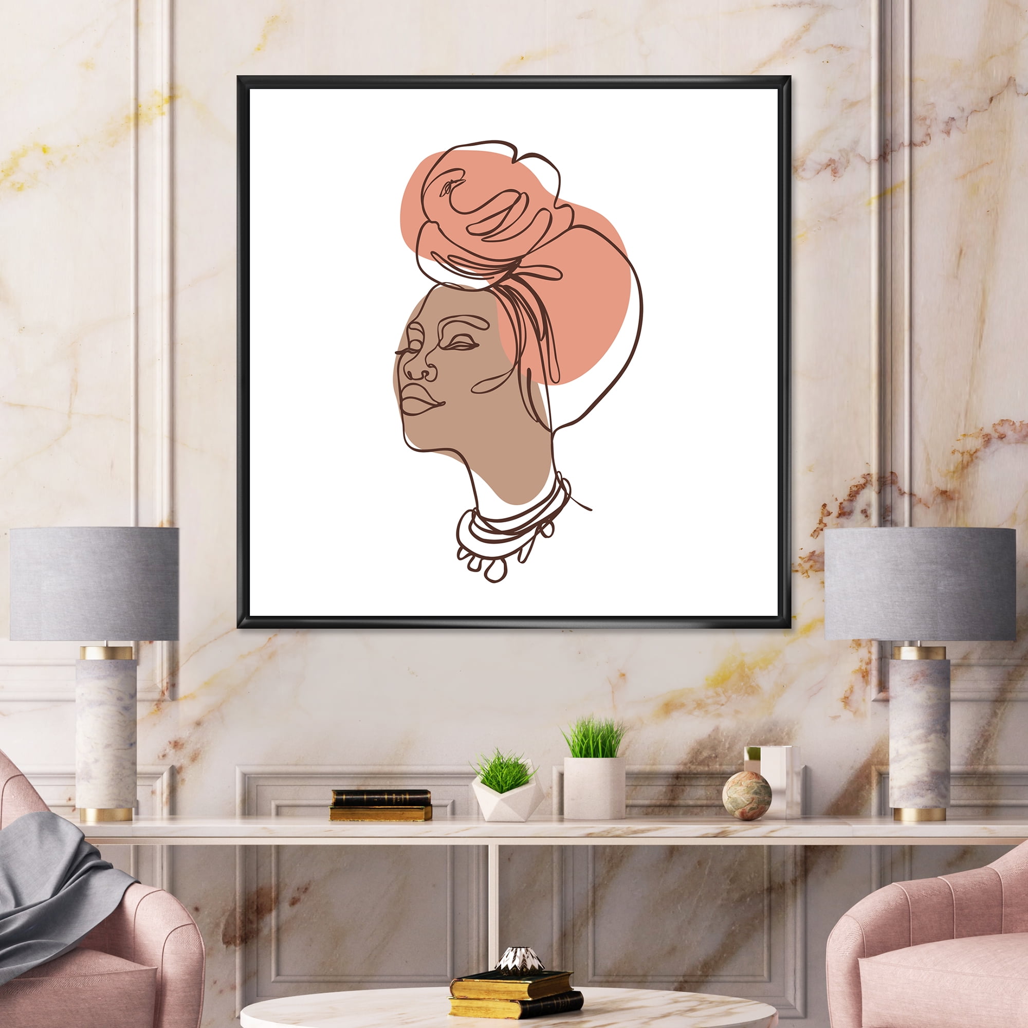 Designart 'One Line Portrait of Afro American Woman IV' Modern Framed Canvas Wall Art Print