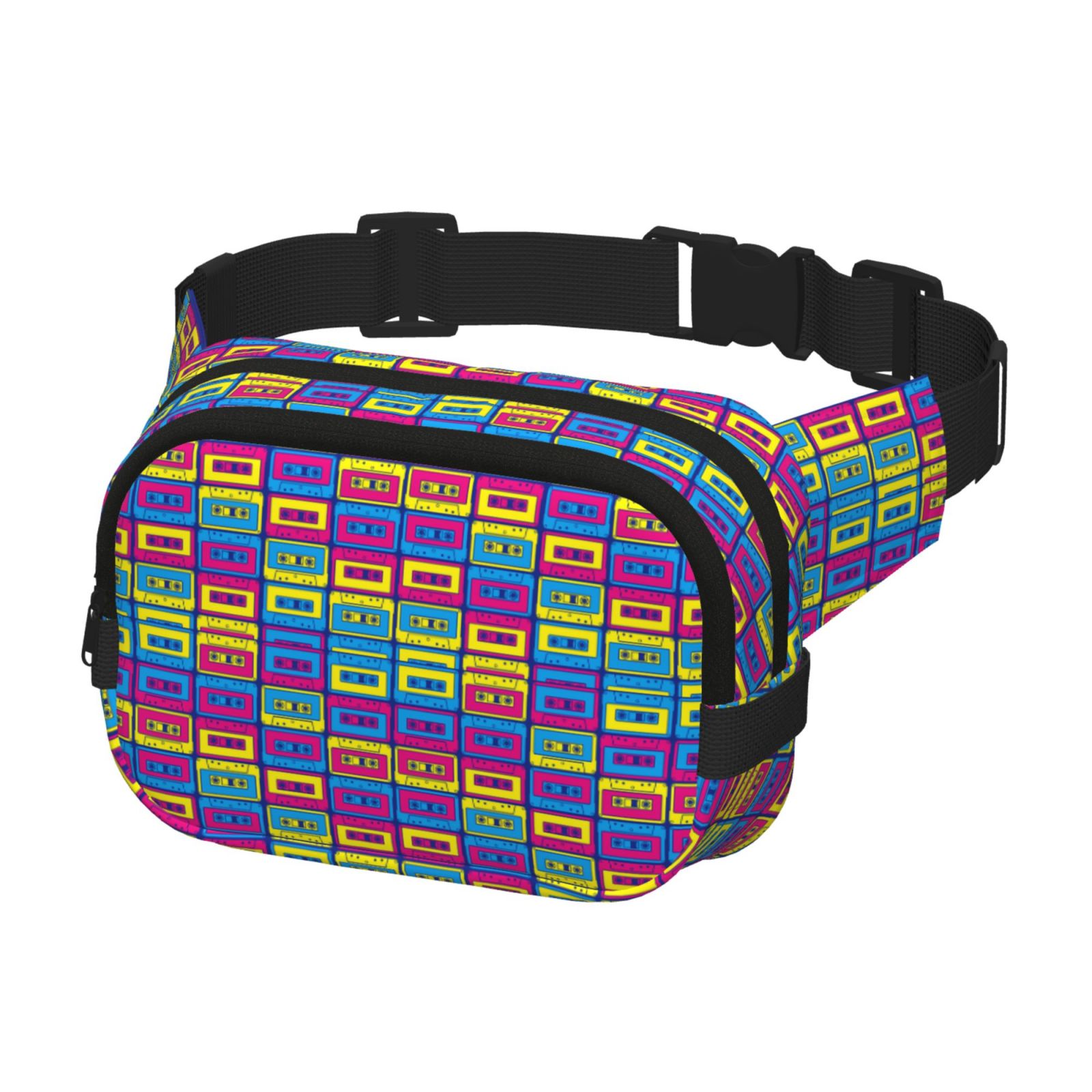Picia Cassette Tapes Print Square Double-Layer Waist Bag Mini Adjustable Waist Belt Bag Exercise Running Travel Hiking