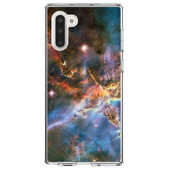 DistinctInk Clear Shockproof Hybrid Case for Samsung Galaxy Note 10 (6.3" Screen) - TPU Bumper, Acrylic Back, Tempered Glass Screen Protector - Blue Pink Orange Carina Nebula - Astronomy