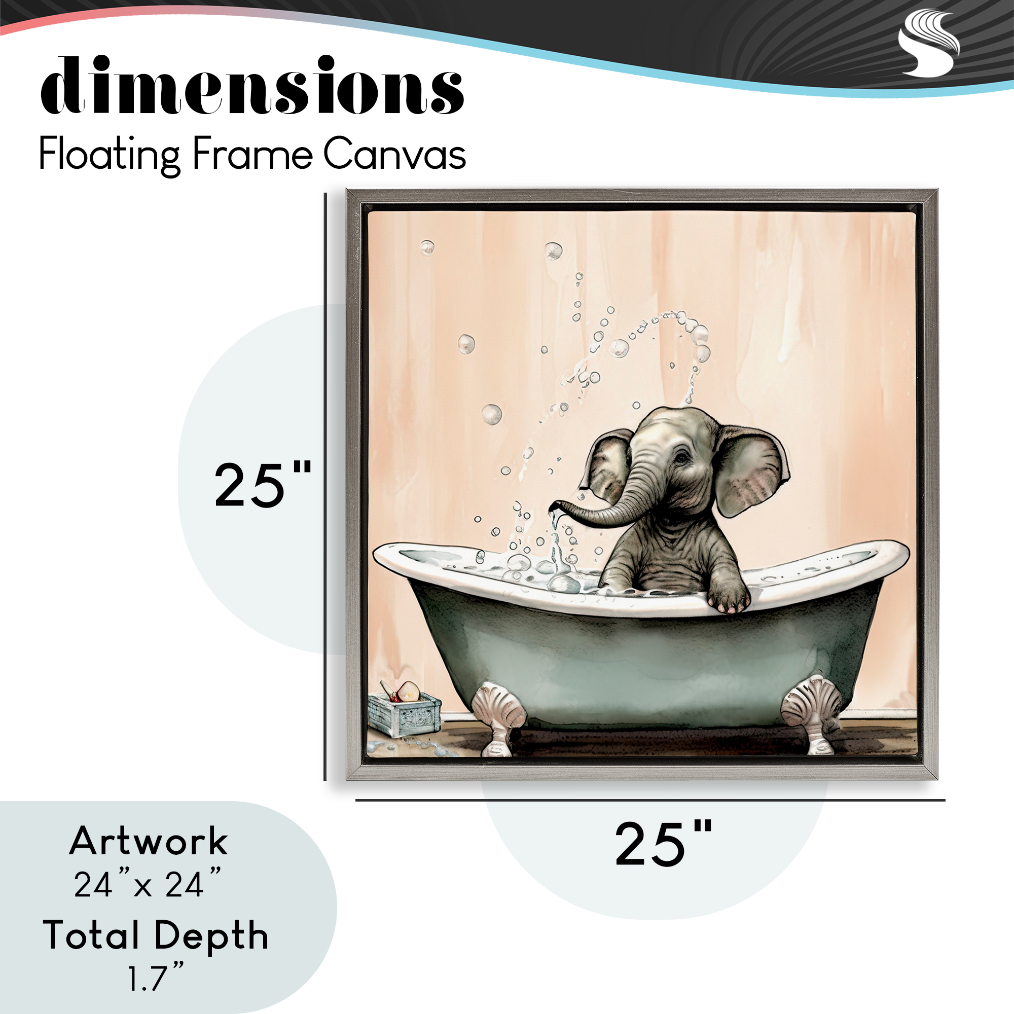 Baby Elephant Bubble Bath Gray Framed Floater Canvas Wall Art, design by Sasha
