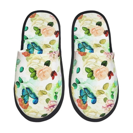 Balery Floral Vintage Slient Indoor Furry Fleece Comfort House Shoes Soft Non-Slip Home Shoes Cotton slippers House Slippers-- Large
