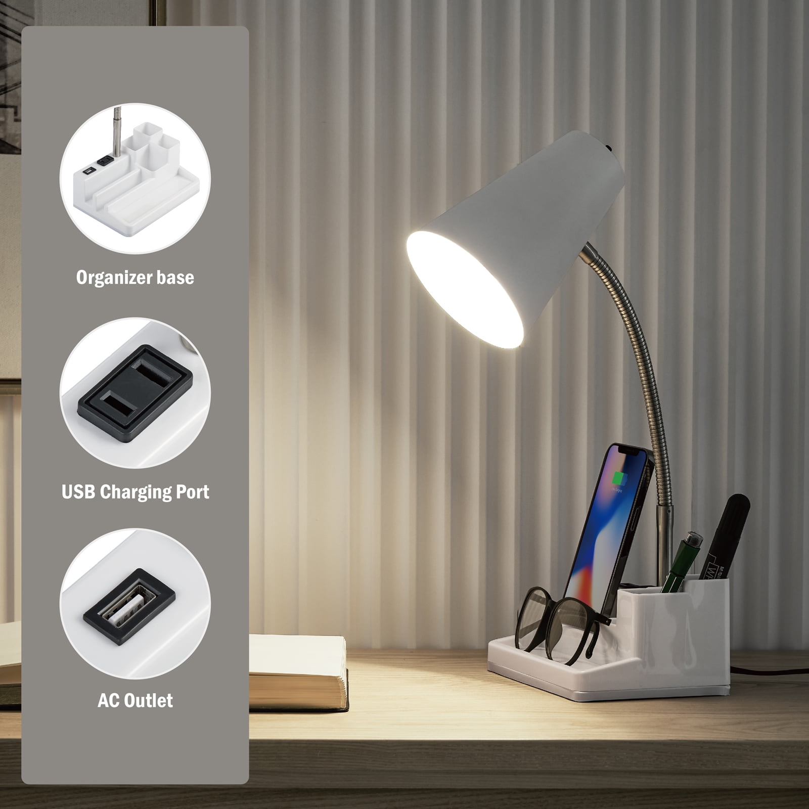 HonoDing 15-inch Adjustable Desk Lamp with USB Port, Outlet, Penholder, Flexible Gooseneck, White