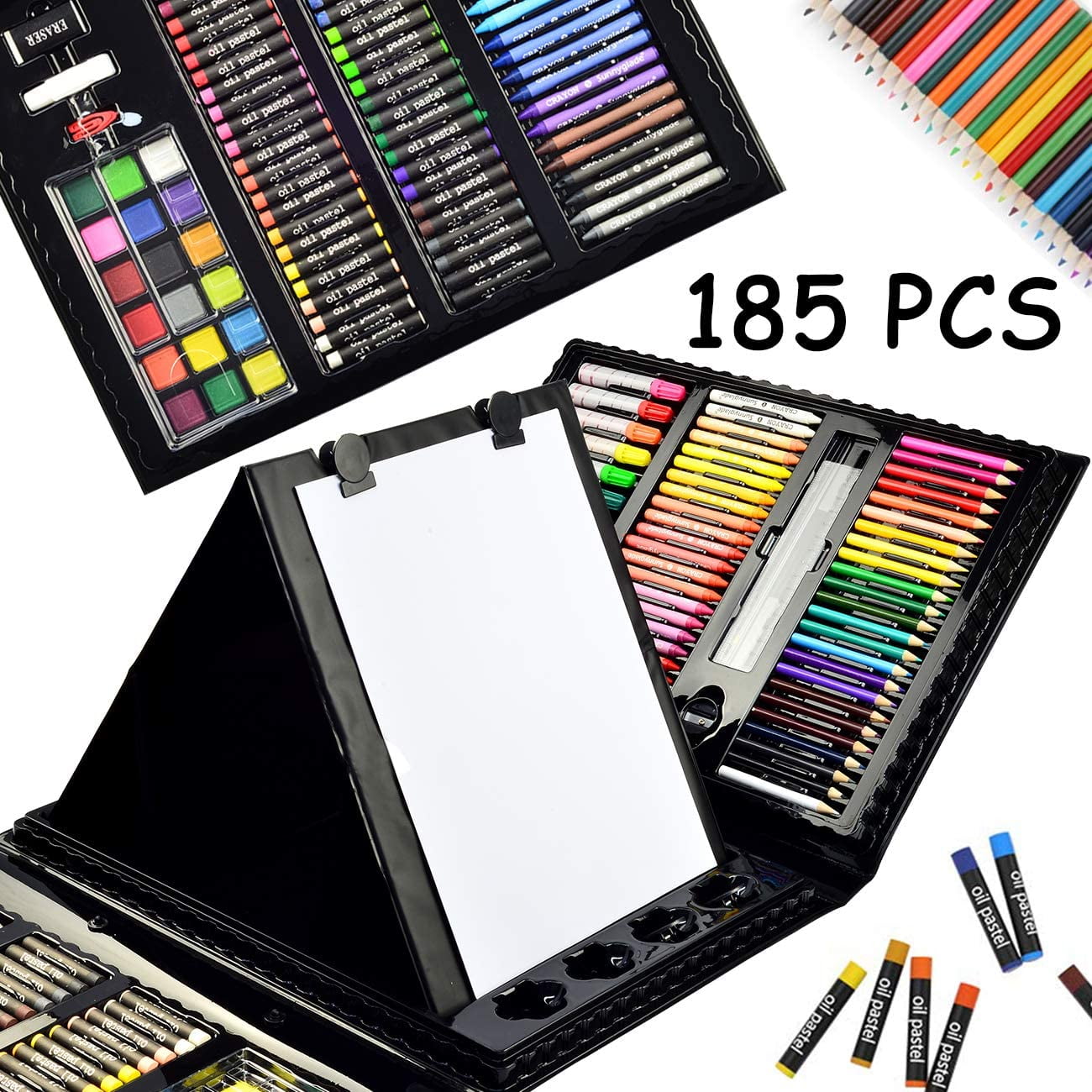 185 Pieces Double Sided Trifold Easel Art Set, Drawing Box with Oil Pastels, Crayons, Colored Pencils, Markers, Paint Brush, Watercolor Cakes, Sketch Pad