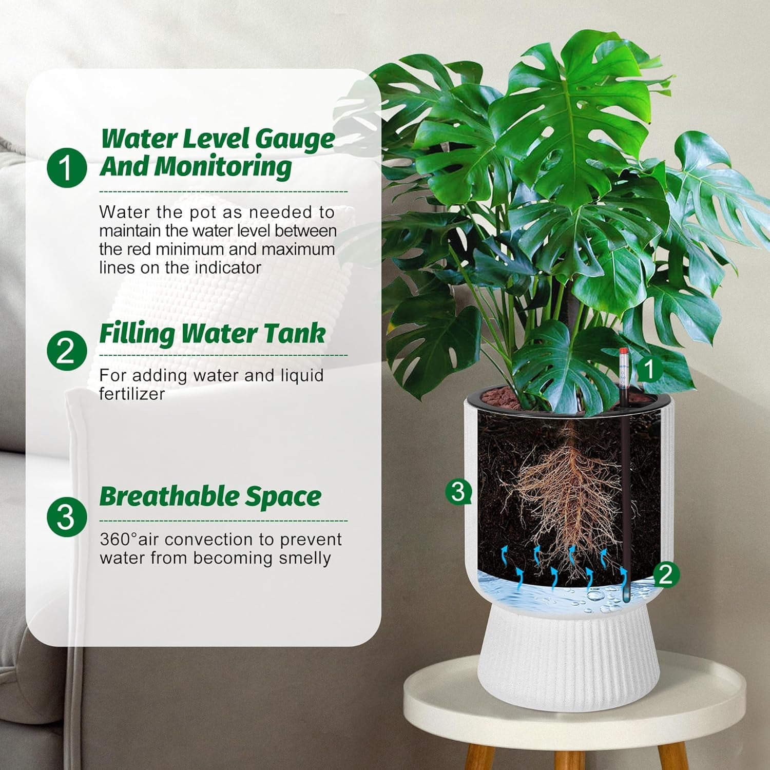 Kojooin 14.2" Planters Set of 2 – Self Watering Flower Pots with Drainage Holes & Water Level Monitor for Patio, Home, Office, Porch, Living Room