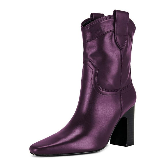 XYD Women Classic Pull On Mid Calf Boots Almond Closed Toe Cork Block Chunky Heels Booties Casual Dressy Shoes Size 7 Purple