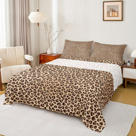 Homewish Cheetah Leopard Print Twin Sheet Sets, Brown Stripes Lines Twin Fitted Sheet, Modern Fashion Style Flat Sheet, Super Cozy Room Decor, 3-Piece