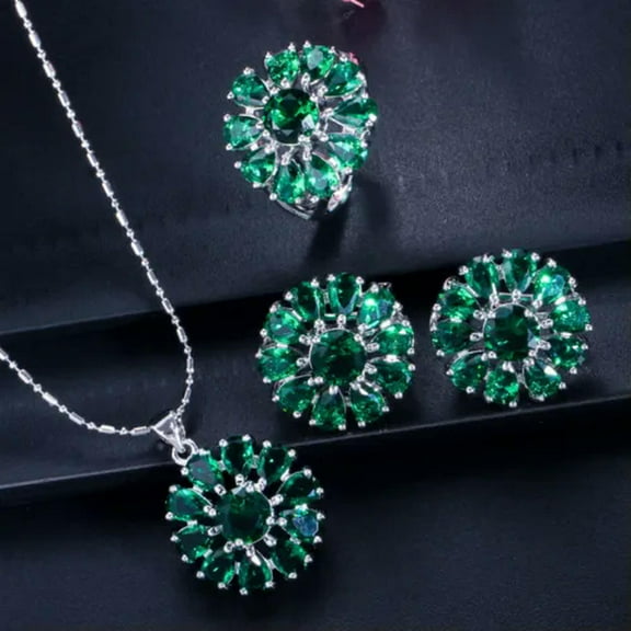 Silver Plated CZ Yellow Sun Flower Earrings Necklace Ring Jewelry Set for Women