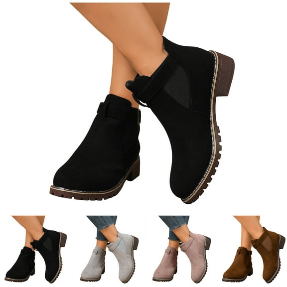 Dakaela Women's Ankle Boots Low Chunky Stacked Heel Chelsea Booties Comfortable Round Toe Buckle Casual Dress Shoes Black 5.5
