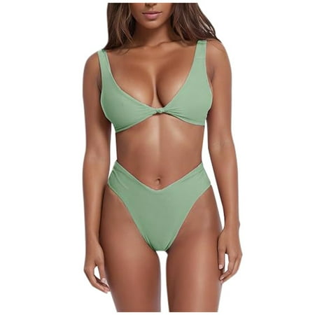 JIANJIA Womens Swimsuits Solid Color Strappy Brassiere With High Waisted Thongs Sexy Fashion Swimsuit Beach Two Piece Bikinis Swimwears Holiday Wear Green M