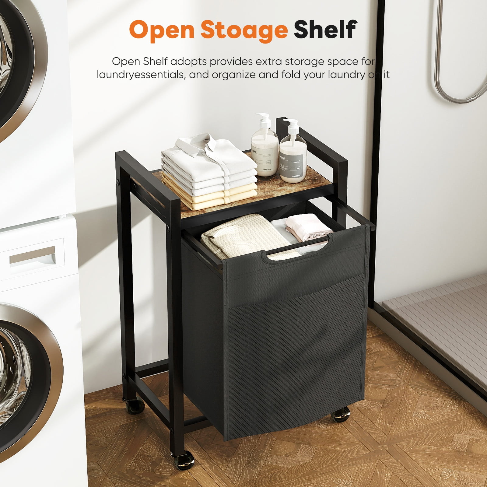 JIOABL Laundry Basket, Laundry Sorter with Shelf & 1 Pull-Out Removable Bags, Castors and Adjustable Feet, 12.4 Gallons (47 Liters) for Laundry Rooms, Bathrooms & Dorms