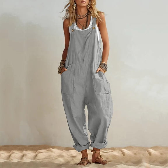 Linen Jumpsuits for Women Summer Fall Casual Sleeveless Wide Leg Overalls Adjustable Strap Jumpsuit Trendy Beach Vacation Outfit Gray L