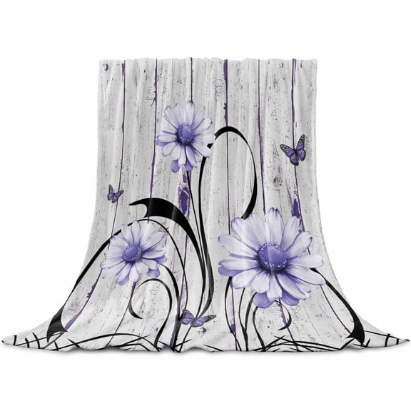 Purple Daisy Flannel Blanket for Bed, Country Botanical Floral Butterfly Wooden Soft Cozy Warm Couch Throw Blanket, Lightweight Fluffy Plush Bedding Blankets for Sofa Decor All Season 60"x80"