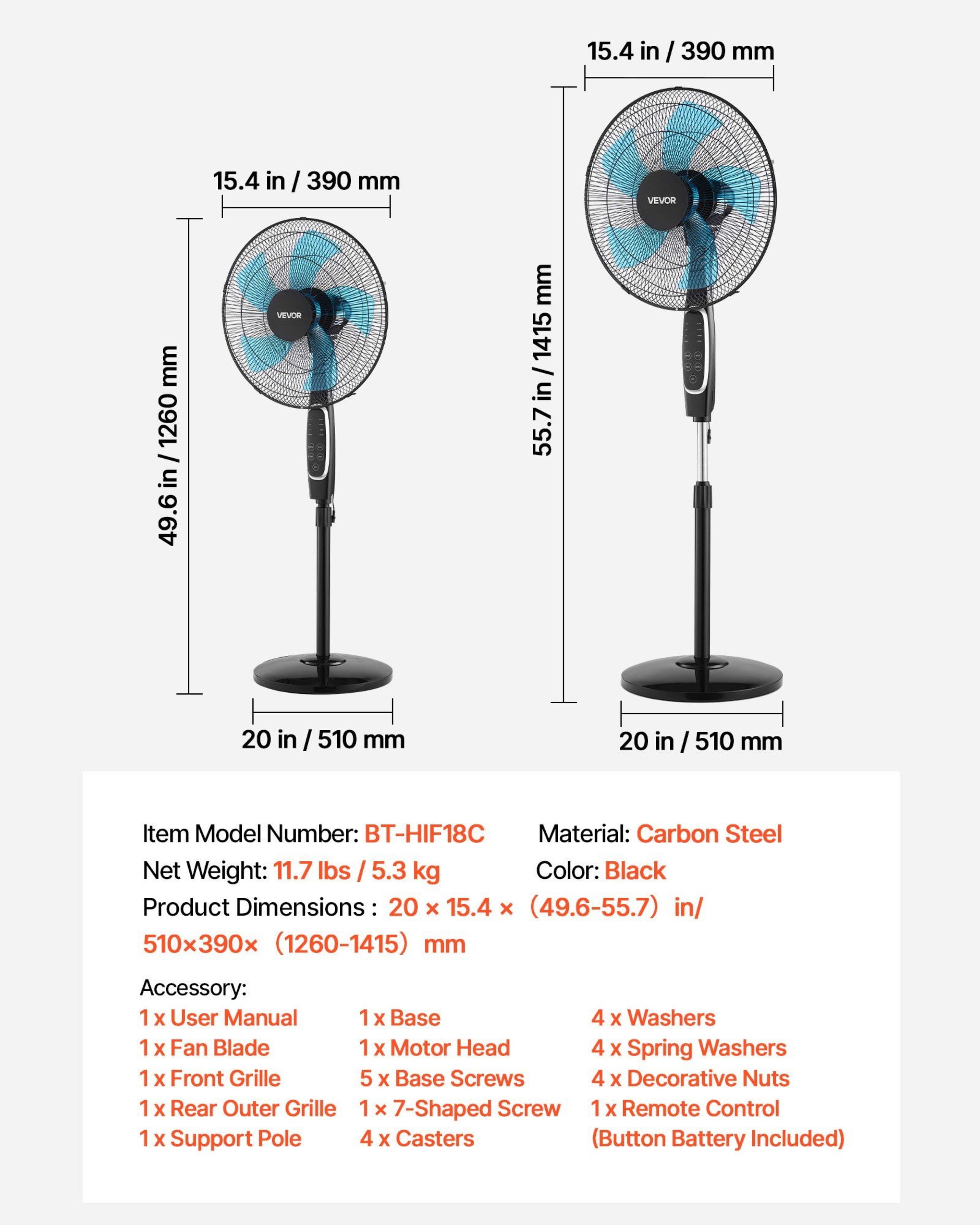 Black Silent Fan, with Remote Control, 9 Speed Settings and 3 Modes, Adjustable Height By Swaying, Silent DC Motor,