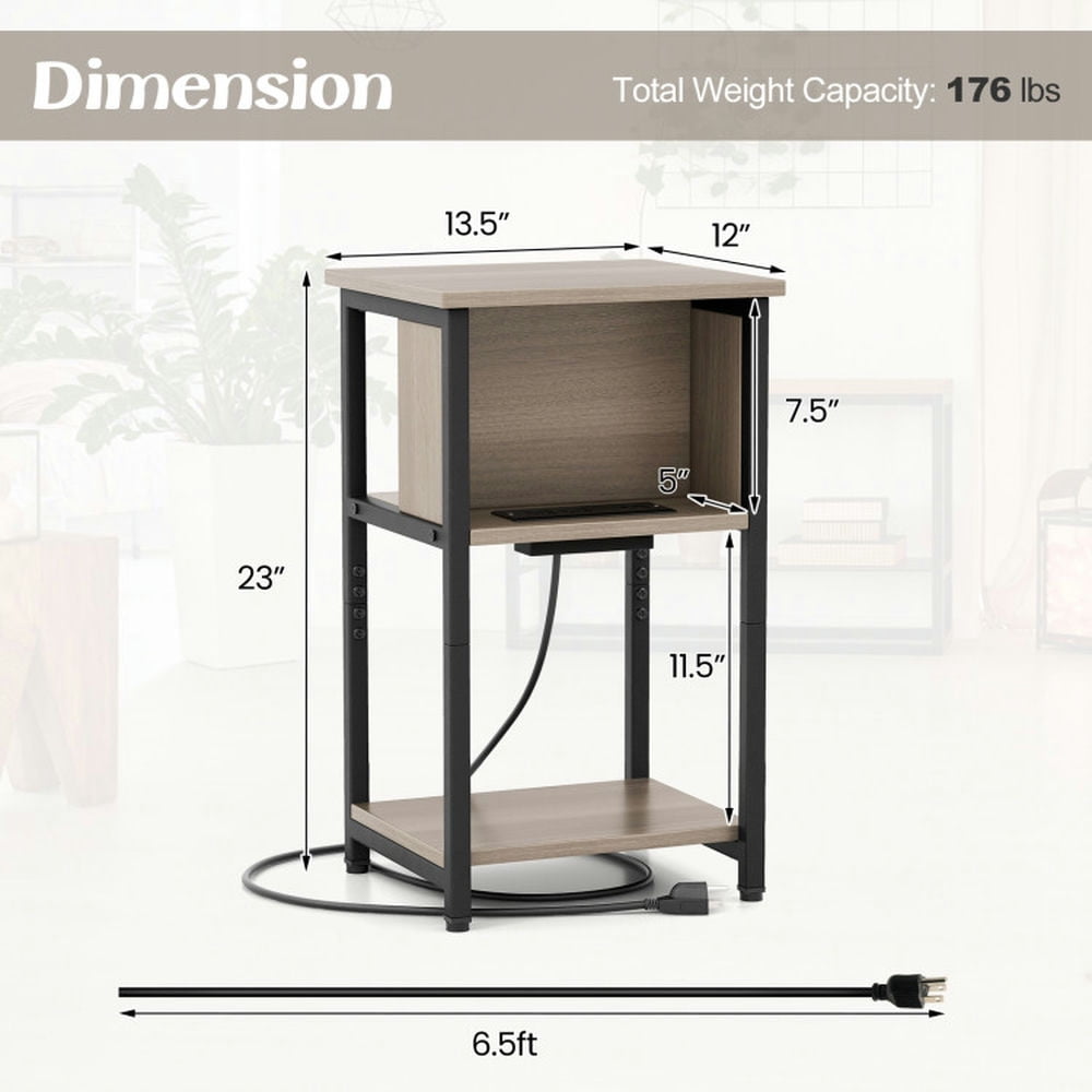 Finihen End Table, Nightstand, 3-Tier End Table with USB Ports & Power Outlets-1 Piece, Sofa Side Table, Bed Side Table, for Living Room, Bedroom, Gray & Black Finihen End Table, Nightstand, 3-Tier End Table with USB Ports & Power Outlets-1 Piece, Sofa Side Table, Bed Side Table, for Living Room, Bedroom, Gray & Black