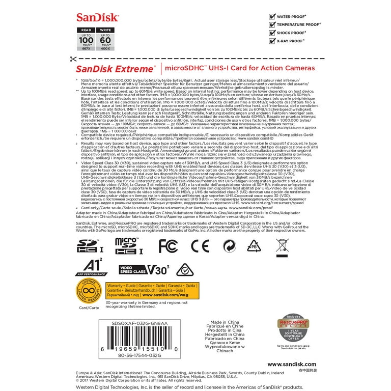 Carte microSDHC Extreme Pro 32Go Classe 10 U3 - SanDisk