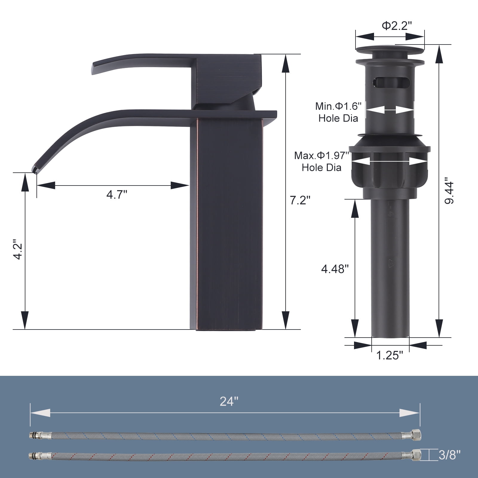 Wowow Waterfall Bathroom Faucet Oil Rubbed Bronze Faucet for Bathroom Sink Single Handle Mixer Tap Lavatory Vanity Faucet with Deck Plate and Pop Up Drain, 1 or 3 Hole