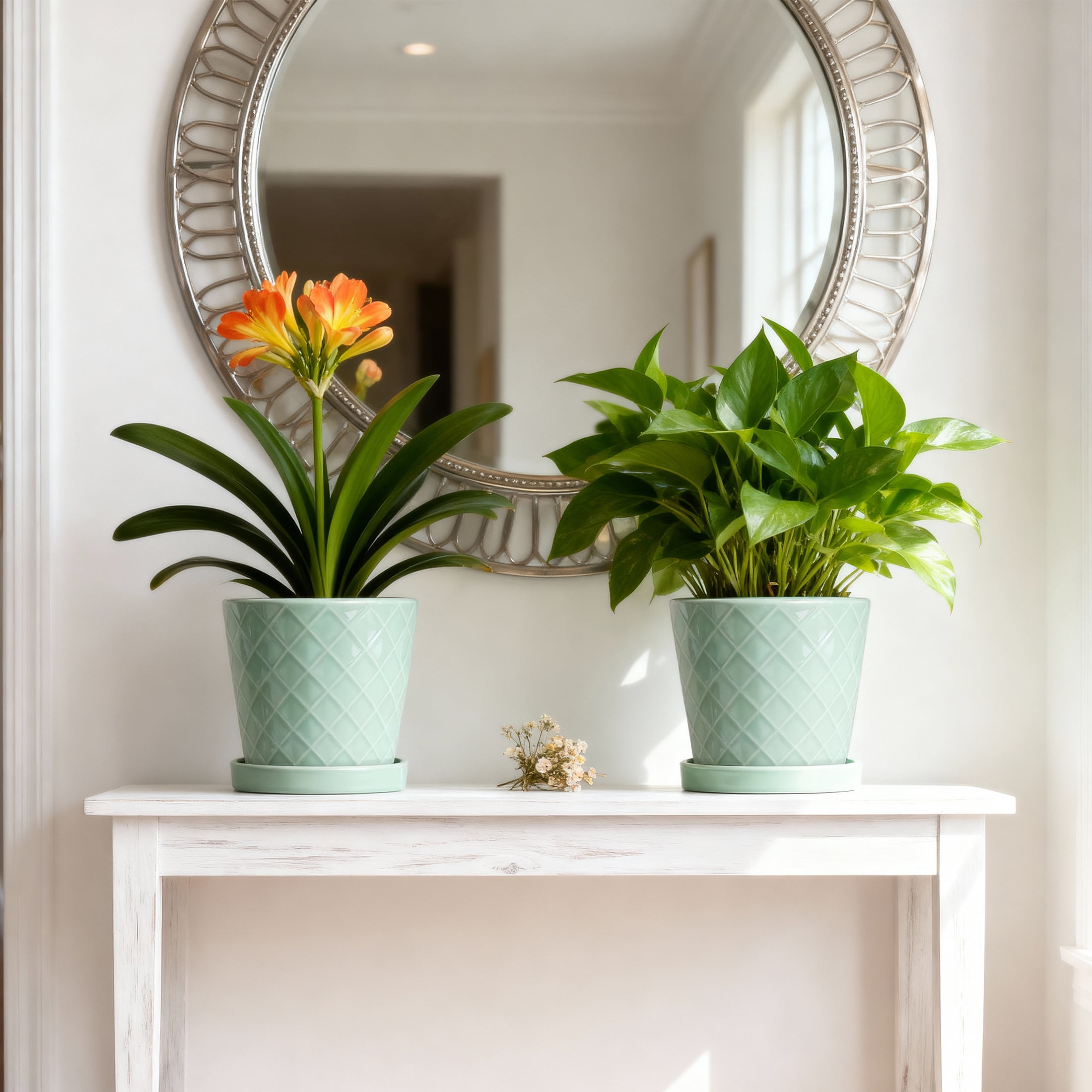 BUYMAX Plant Pots Indoor –6 inch Ceramic Flower Pot with Drainage Hole and Ceramic Tray - Gardening Home Desktop Office Windowsill Decoration, Set of 2(Green)Same pattern