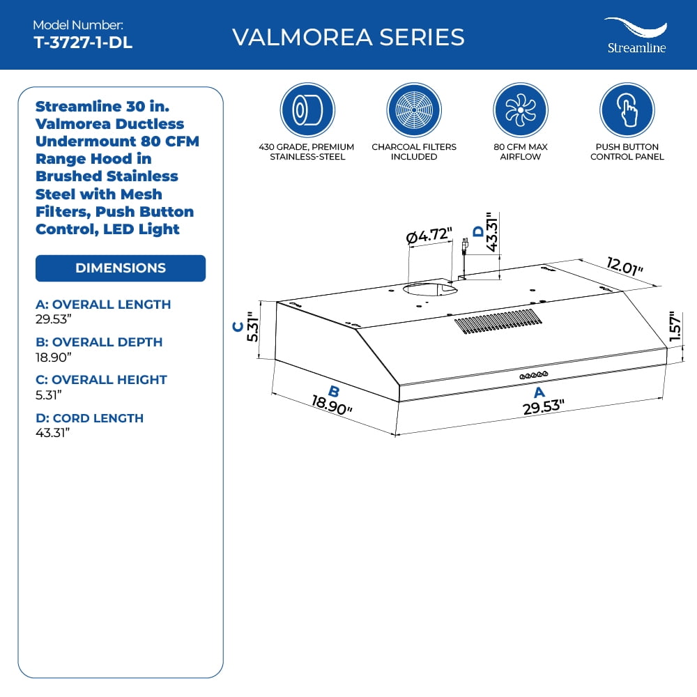 Streamline 30 in. Valmorea Ductless Undermount 80 CFM Range Hood in Brushed Stainless Steel with Mesh Filters, Push Button Control, LED Light