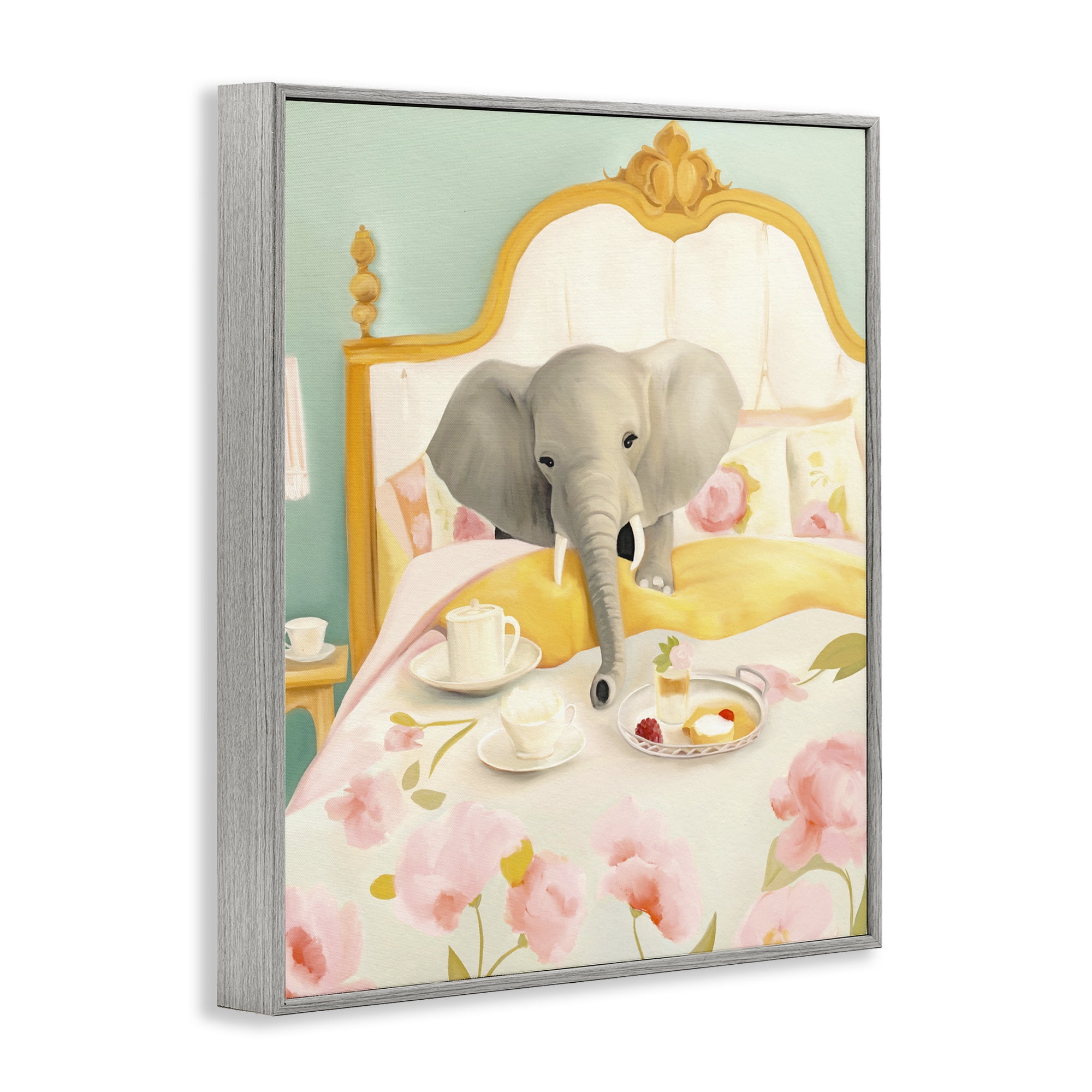 Breakfast in Bed Elephant Gray Framed Giclee Art, design by Leah Straatsma