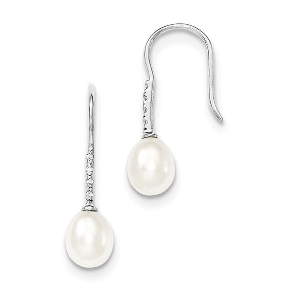 Sterling Silver 7-8mm White Freshwater Cultured Pearl Cubic Zirconia Dangle Earrings - Measures 27x8