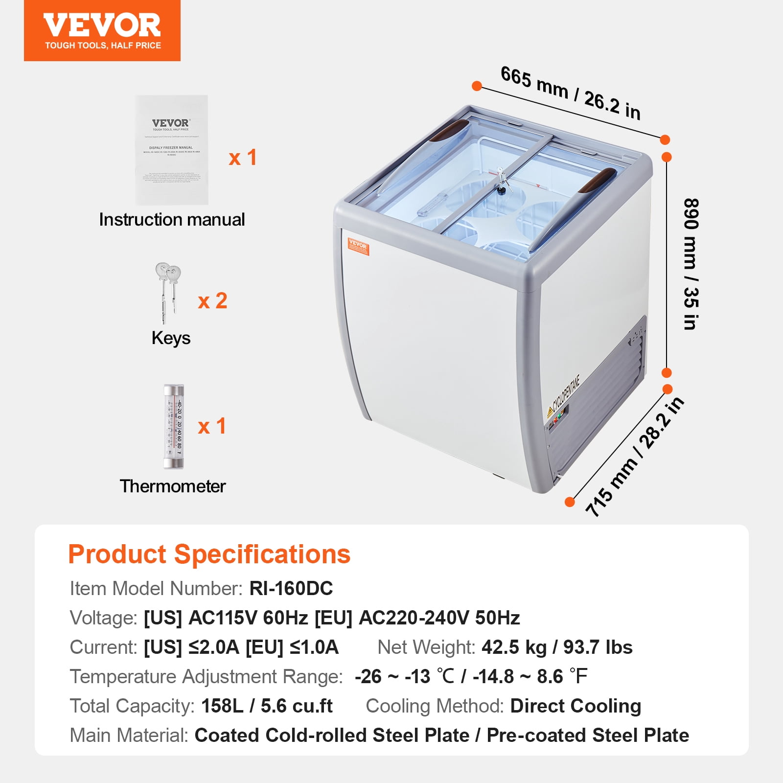 VEVOR Commercial Ice Cream Display Case, 5.6 Cu.ft Chest Freezer, Mobile Glass Top Deep Freezer, Restaurant Gelato Dipping Cabinet, 2 Sliding Glass Doors, Locking Casters, White