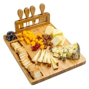 Bamboo Cheese Board and Knife Set, Charcuterie Board with 4 Cheese Knives, Serving Platter Tray for Cheese and Treats, Wood Cheese Board Set - Anniversary Christmas Birthday Housewarming Gift
