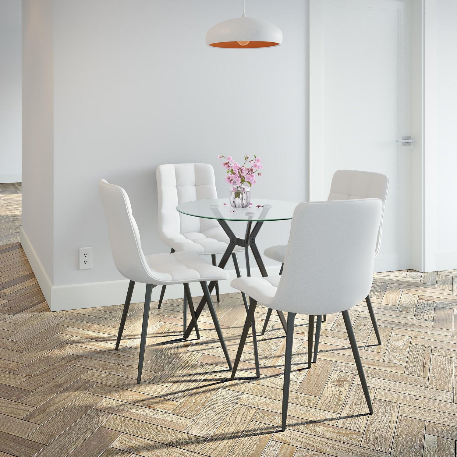 CorLiving Eliana Contemporary 5-Piece Compact Round Glass Indoor Dining Table Set with 4 Velvet Upholstered Chairs