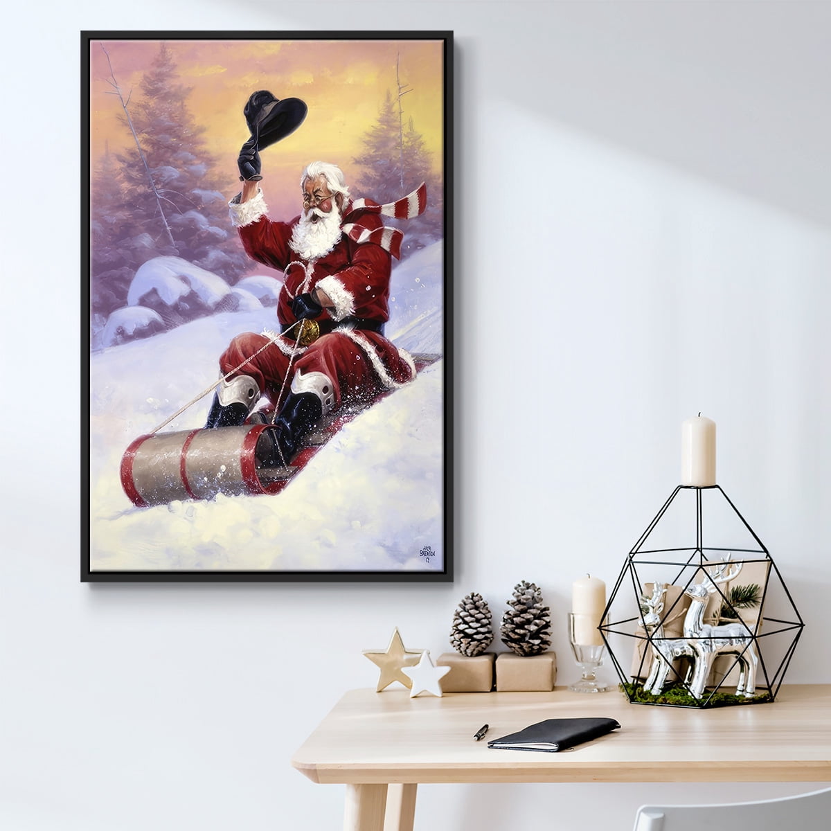 Here Comes Santa - Framed Gallery Wrapped Holiday Canvas - 25 x 37 - Black Frame