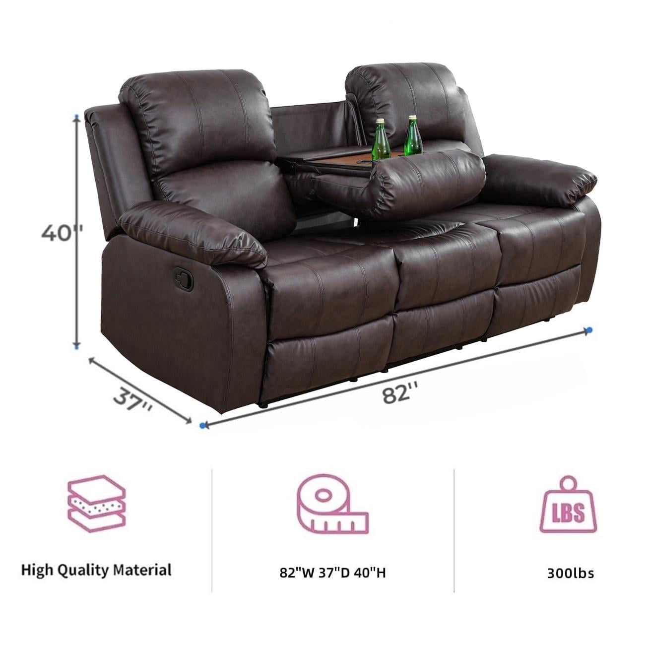 Gewnee Breathing leather Upholstered Manual Reclining Sofa with 3 Recliners and Cup Holders,Dark Coffee