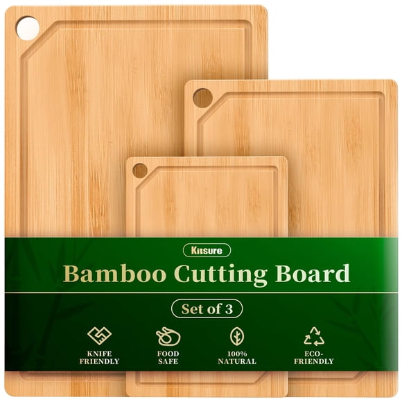 Juego de tablas de cortar de cocina Kitsure de bambú, 3 piezas, con ranura