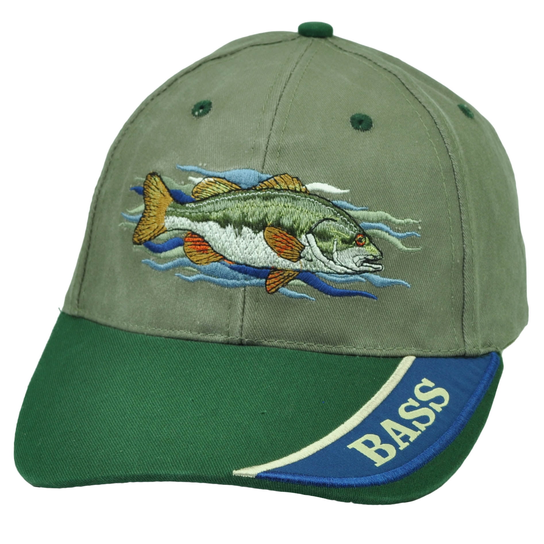 Bass Fishing Outdoor Camping Fish Olive Green Velcro Hat Cap Adjustable